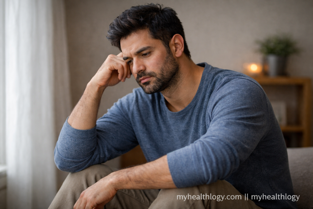 Person sitting quietly with a restless mind and deep thoughts – blogs.myhealthlogy.com