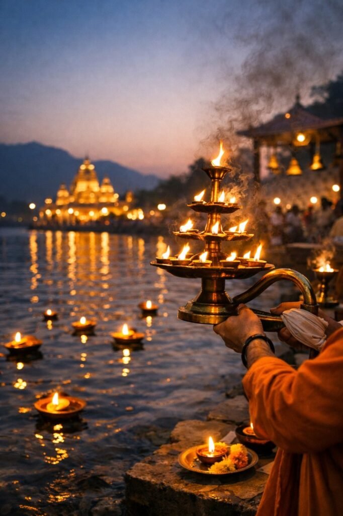 Evening diya lamp ritual—symbolizing surrender and peace from Bhagavad Gita teachings - blogs.myhealthlogy.com